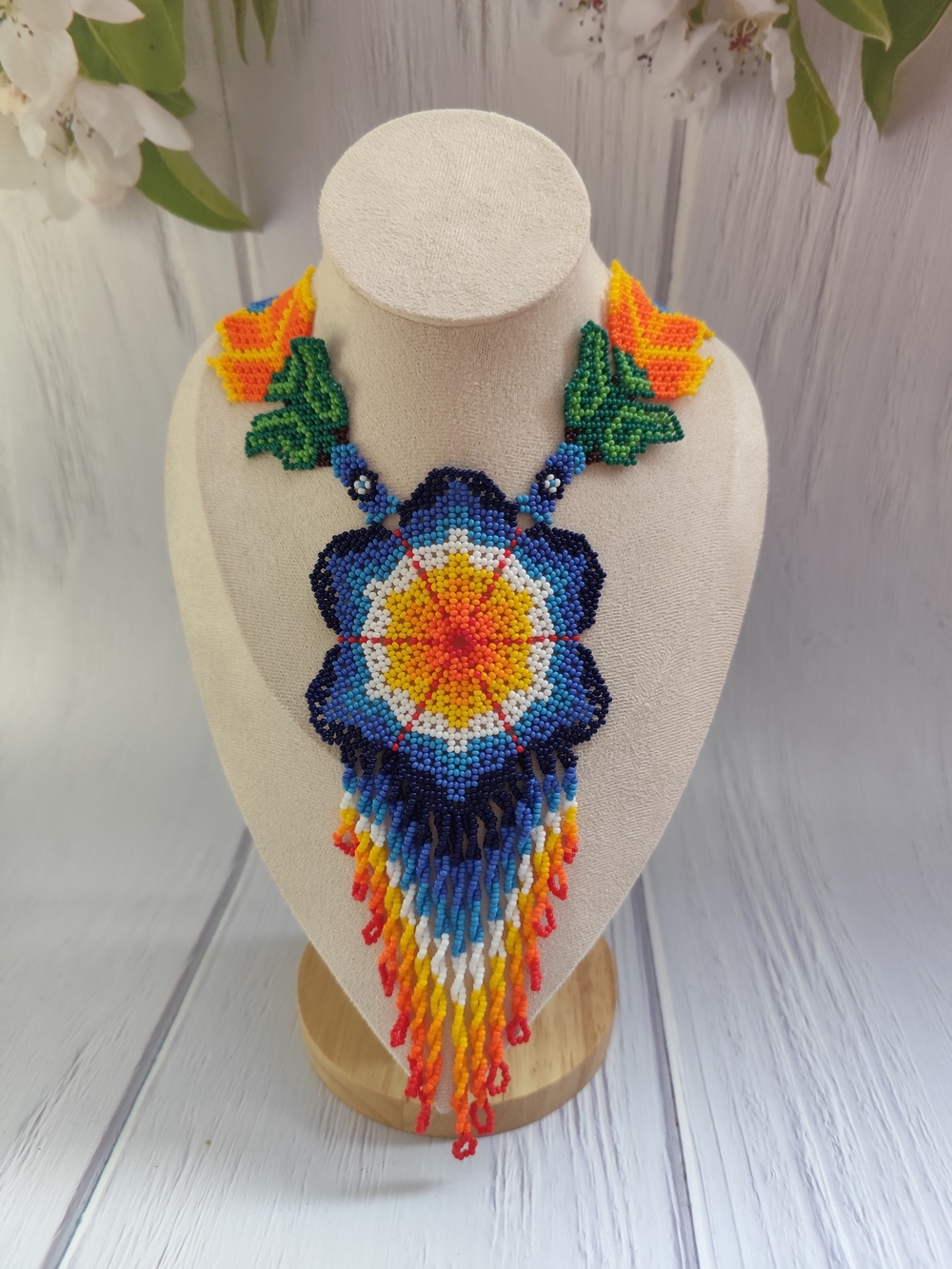 Handmade Multicolor Beaded Flower Statement Necklace - Picture 2 of 7